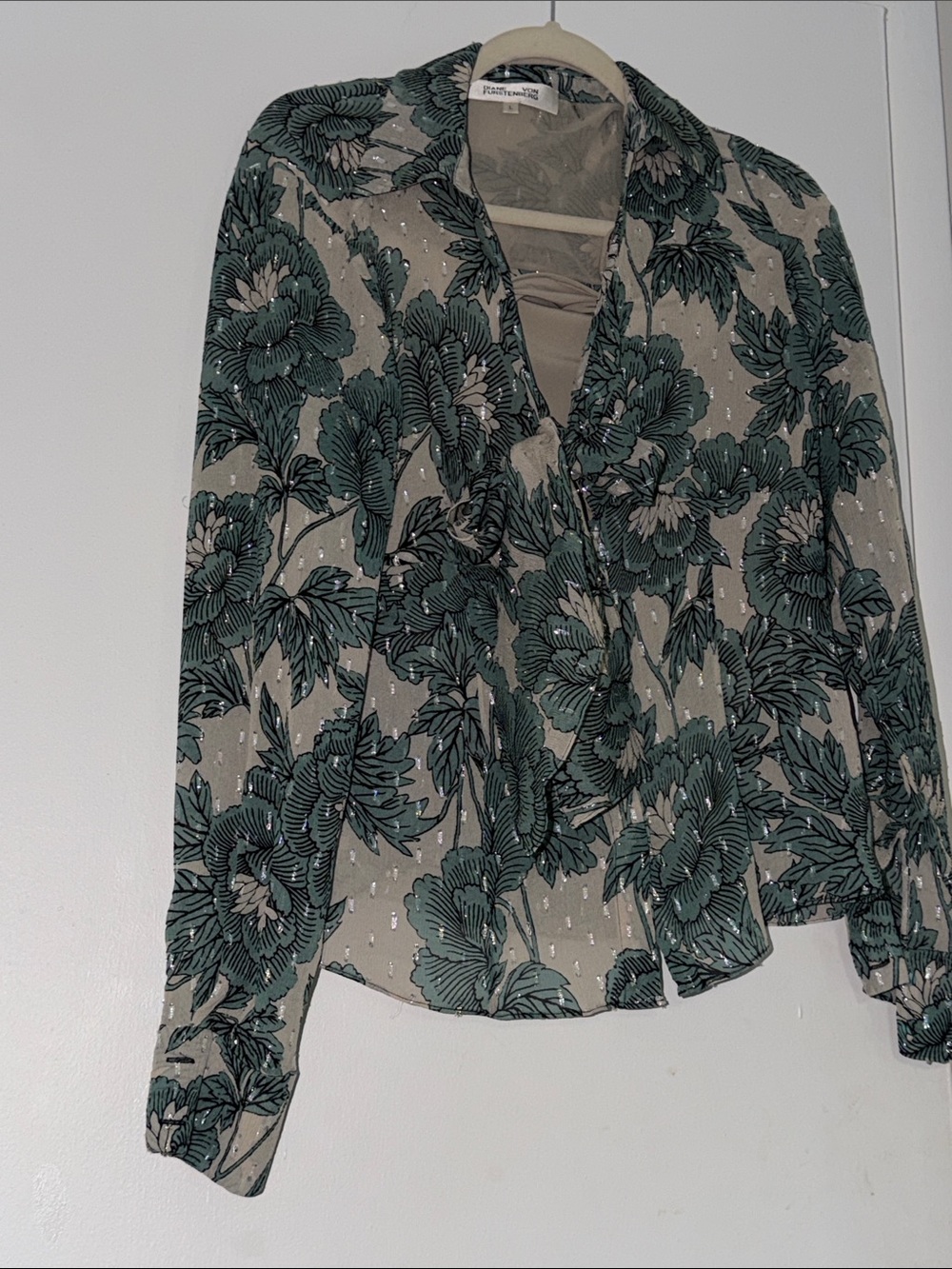 Diane Von Furstenberg Beige and Green Floral Button-Down Shirt